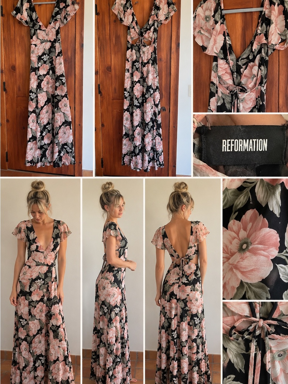 Reformation Black Maxi Dress with Pink Floral Print